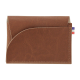 Porte-monnaie marron foncé vue face avec poche arrondie et coutures visibles Porte-monnaie marron foncé vue face avec poche arrondie et coutures visibles