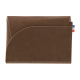 Porte-monnaie marron vue face avec poche arrondie et coutures visibles Porte-monnaie marron vue face avec poche arrondie et coutures visibles