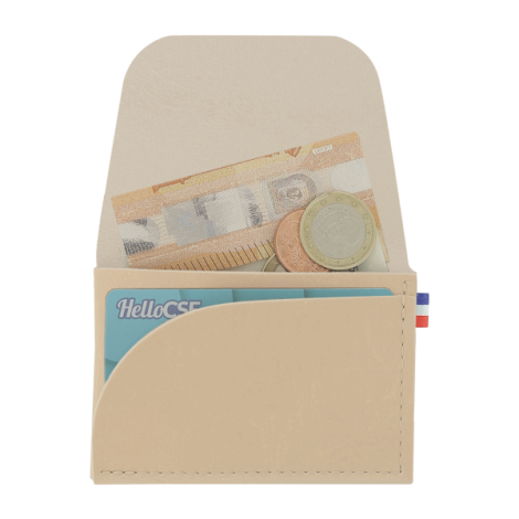 Porte-monnaie beige clair ouvert avec billets pièces et carte visibles
