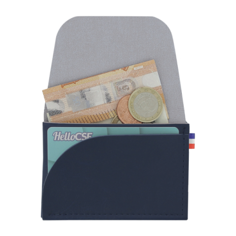 Porte-monnaie bleu marine ouvert avec billets pièces et carte visibles