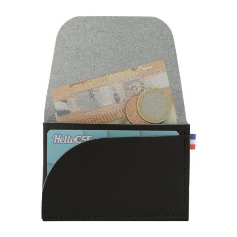Porte-monnaie noir ouvert avec billets pièces et carte visibles