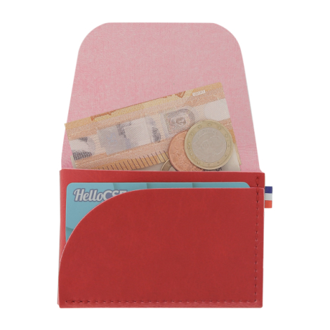 Porte-monnaie rouge ouvert avec billets pièces et carte visibles