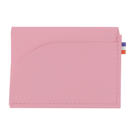 Porte-monnaie rose vue face avec poche arrondie et coutures visibles, sans contenu