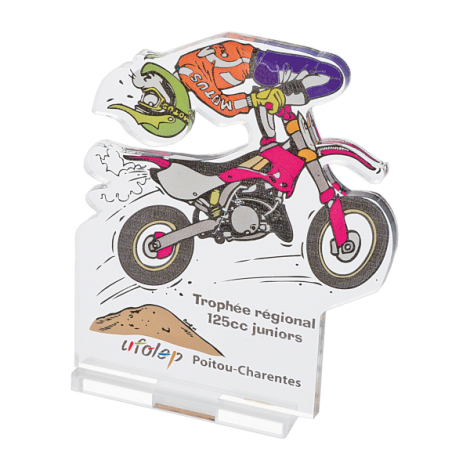 Trophée acrylique forme motocross impression couleur vue face