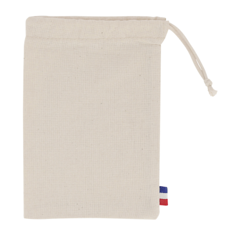 Pochon coton naturel présenté à plat surface marquage visible