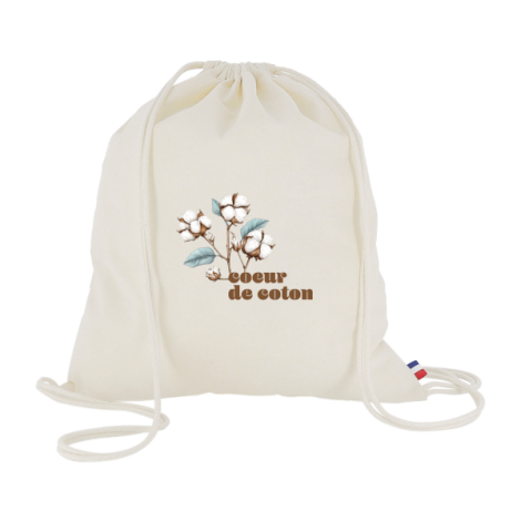 Sac ficelle coton personnalisé illustration végétale cœur de coton minimaliste