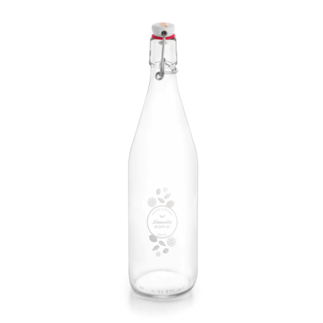 Bouteille en verre transparent, forme élancée avec bouchon mécanique à étrier.