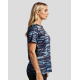 T-shirt running femme vue profil motif graphique logo partiel marquage visible sur la poitrine
