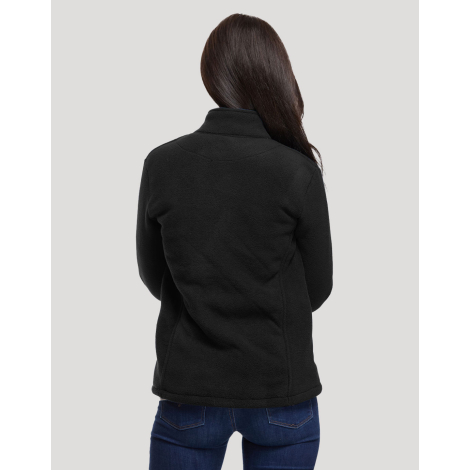 Veste polaire femme vue de dos portée col montant coupe ajustée dos lisse sans marquage visible