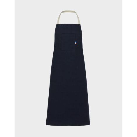 Tablier coton bio présenté à plat face teinte foncée poche centrale marquage visible sur la poche