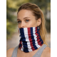 Bandana multi usage porté autour du cou motif tricolore bandes verticales surface continue marquage visible sur l’ensemble du te