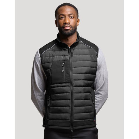 Bodywarmer homme vue face coloris noir sans manches matelassé zip central poche poitrine zippée sans marquage visible