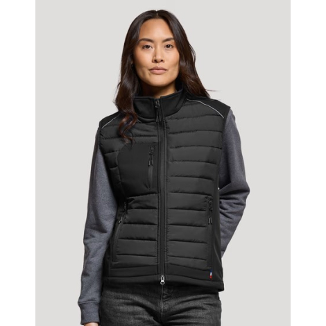 Bodywarmer femme vue face coloris noir sans manches matelassé zip central poche poitrine zippée sans marquage visible