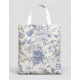 Tote bag canvas polyester motif floral all over fond écru impression bleue surface complète marquage visible sur l’ensemble du s