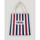 Tote bag canvas polyester rayures tricolores verticales logo centré Hegel surface complète marquage visible sur la zone centrale
