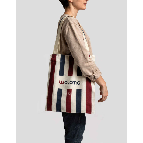 Tote bag canvas polyester porté épaule rayures tricolores logo Walomo face externe visible marquage visible sur la face principa