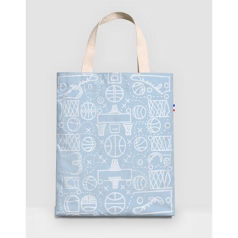 Tote bag canvas polyester motif graphique sport lignes blanches fond bleu surface complète marquage visible sur l’ensemble du sa