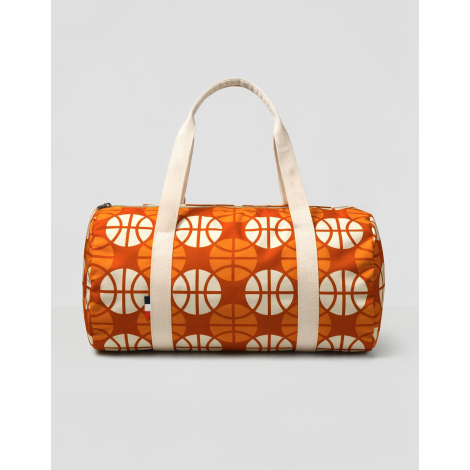 Sac polochon canvas polyester motif ballons de basketball fond orange surface complète marquage visible sur l’ensemble du sac