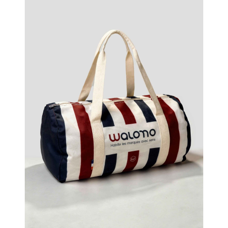Sac polochon canvas polyester rayures tricolores verticales logo Walomo centré marquage visible sur la zone centrale