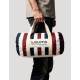 Sac polochon canvas polyester porté main rayures tricolores logo Walomo marquage visible sur la face principale