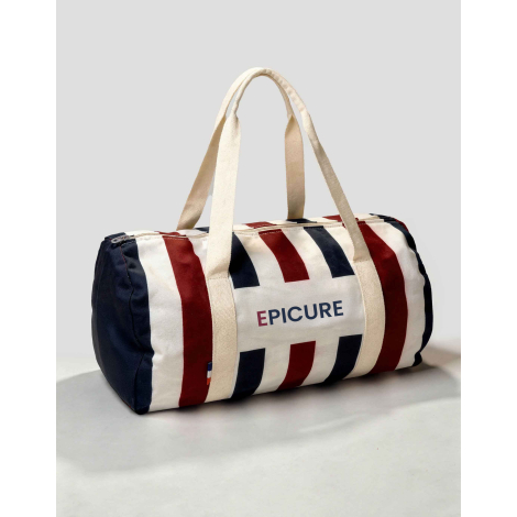 Sac polochon canvas polyester motif balles de baseball fond bleu surface complète marquage visible sur l’ensemble du sac