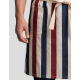 Tablier détail poche rayures tricolores couture visible surface textile sans marquage visible