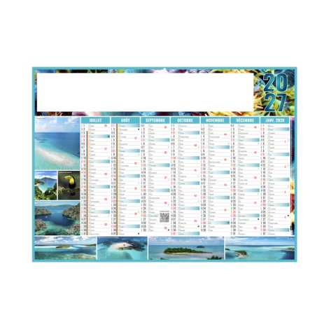 Deuxième face du calendrier Exotic 2027 de juillet à janvier avec paysage insulaire