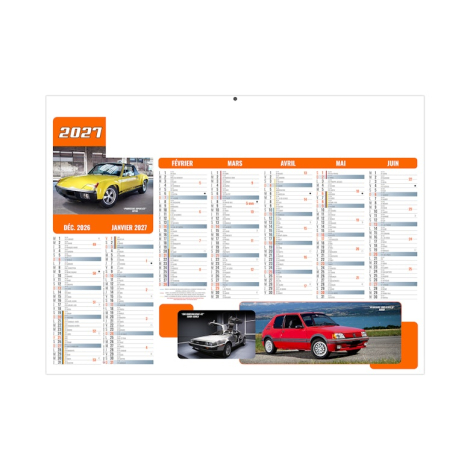 Face avant du calendrier Bolide illustrée de modèles sportifs avec marquage en haut.