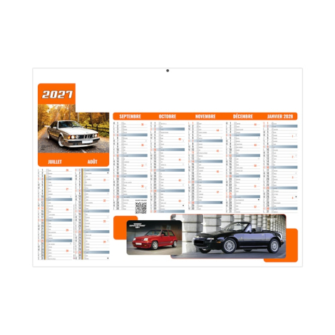 Verso du calendrier Bolide illustrée de modèles sportifs avec marquage en haut