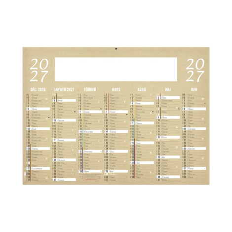 Partie supérieure du calendrier bancaire kraft avec les mois de décembre 2026 à juin 2027 et grande zone rectangulaire blanche v