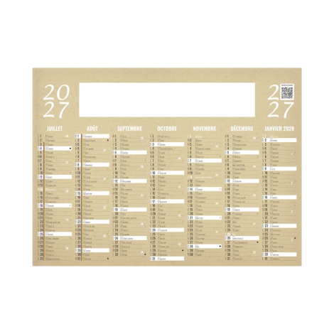 Partie inférieure du calendrier bancaire kraft avec les mois de juillet 2027 à janvier 2028 et grande zone rectangulaire blanche