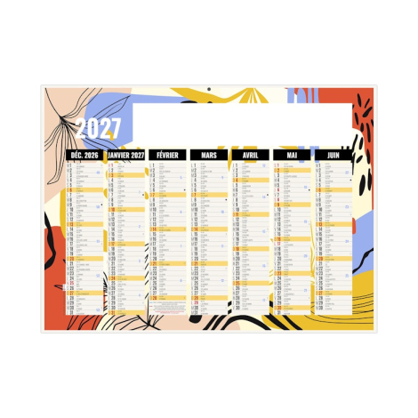 Calendrier bancaire avec fond multicolore, mois de décembre 2026 à juin 2027 et grande zone rectangulaire blanche visible.