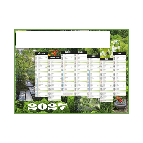 Calendrier bancaire illustré de jardins, arbres et massifs végétaux avec les mois de décembre 2026 à juin 2027.