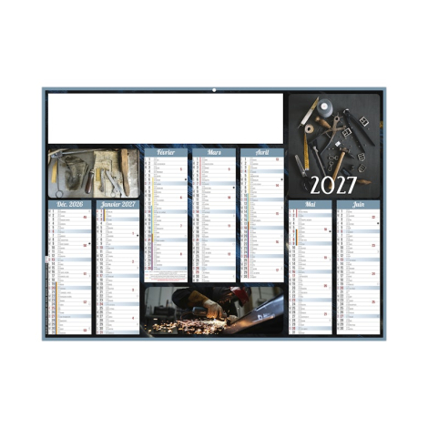 Calendrier bancaire illustré d’outils d’atelier et d’une scène de travail du métal avec les mois de décembre 2026 à juin 2027.