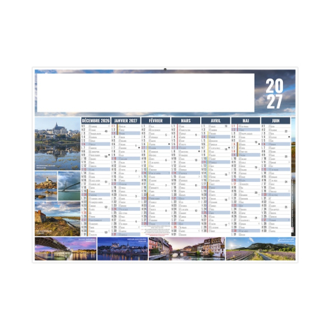 Calendrier bancaire illustré de paysages urbains, côtiers et ruraux avec les mois de décembre 2026 à juin 2027.