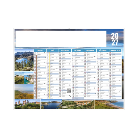 Calendrier bancaire illustré de paysages, littoraux, montagnes, villes et monuments avec les mois de juillet 2027 à janvier 2028