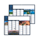 Calendrier bancaire en deux parties superposées avec photographies de paysages naturels et zones blanches visibles.
