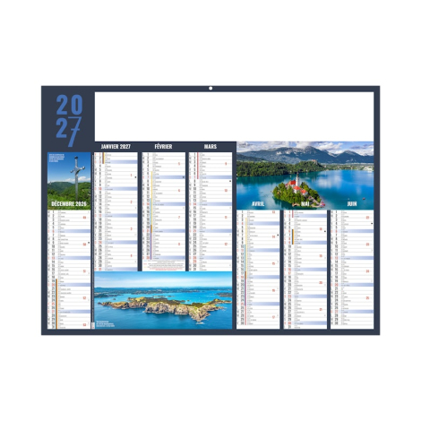 Calendrier bancaire illustré de paysages côtiers, lacustres et montagneux avec les mois de décembre 2026 à juin 2027.