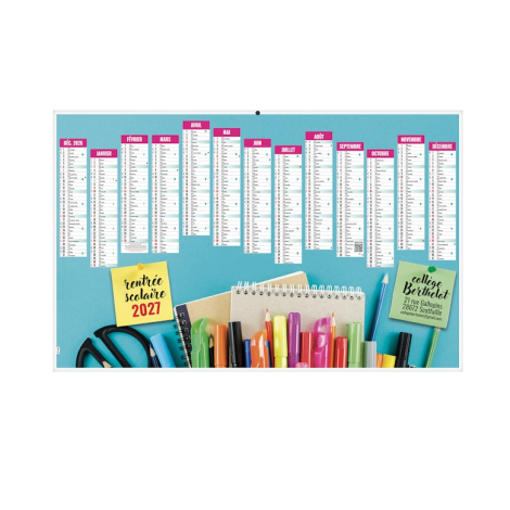 Calendrier bancaire illustré de fournitures scolaires sur fond bleu avec personnalisation visible sur un pense-bête.