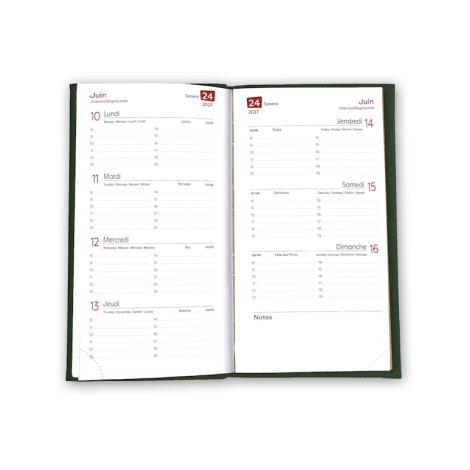 Agenda ouvert avec vue hebdomadaire présentant les jours répartis sur deux pages et espaces de notes.
