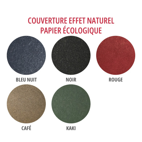 Présentation des coloris disponibles pour la couverture d’agenda effet naturel en bleu nuit, noir, rouge, café et kaki.