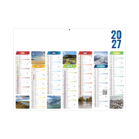 Verso du calendrier scolaire avec les mois de décembre 2026 à juin 2027, photographies de paysages et large zone de marquage bla