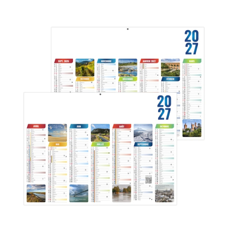 Présentation en perspective des deux faces du calendrier scolaire avec répartition semestrielle des mois.