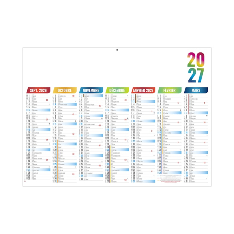 Calendrier scolaire avec les mois d’avril à octobre présentés en colonnes colorées et zone de personnalisation blanche.
