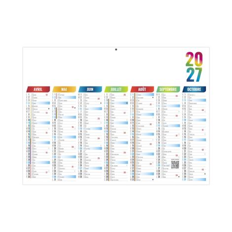 Calendrier scolaire avec les mois de septembre 2026 à mars 2027 présentés en colonnes multicolores et zone de marquage blanche.