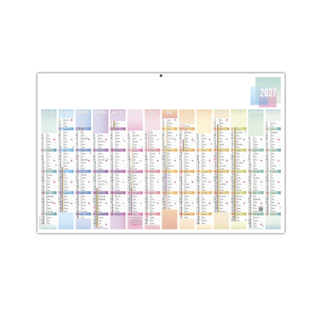 Calendrier scolaire Maxi Pastel avec les mois de septembre 2026 à décembre 2027 présentés en colonnes colorées et zone de marqua