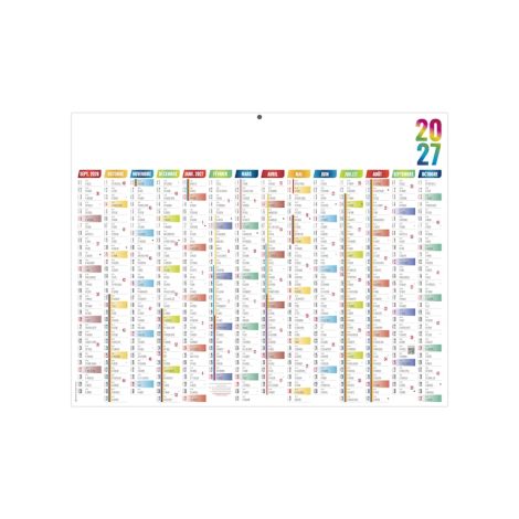 Calendrier scolaire Médium Casimir avec colonnes colorées, année 2027 multicolore et zone de personnalisation blanche.