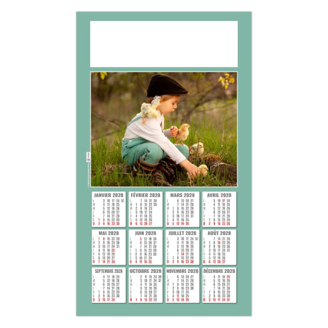 Calendrier publicitaire avec vue annuelle 2028 et zone de personnalisation sur fond blanc.