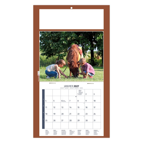 Calendrier illustré de deux enfants observant un cheval dans un environnement champêtre.