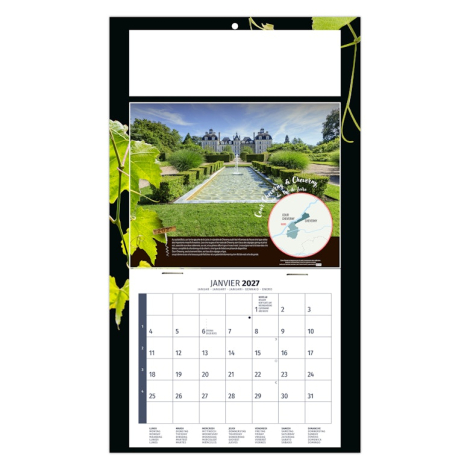 Calendrier illustré du château de Cheverny et de ses jardins à la française dans la vallée de la Loire.